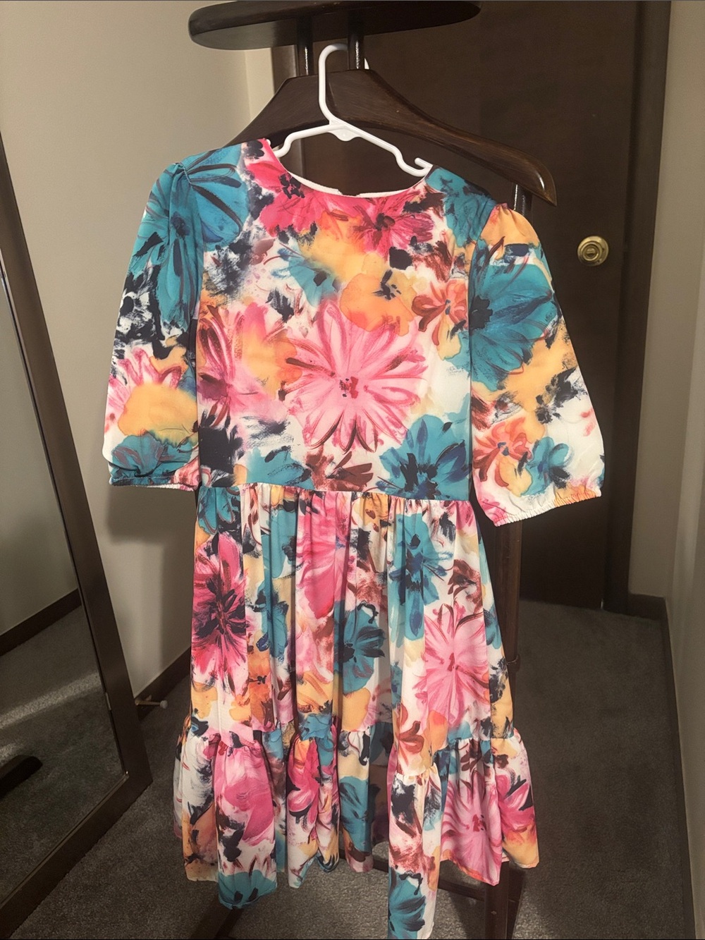 Girls Floral Tiered Watercolor Dress in Pink, Teal & Yellow